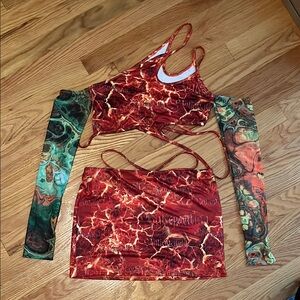 SHEIN Red and Green Abstract Two Piece